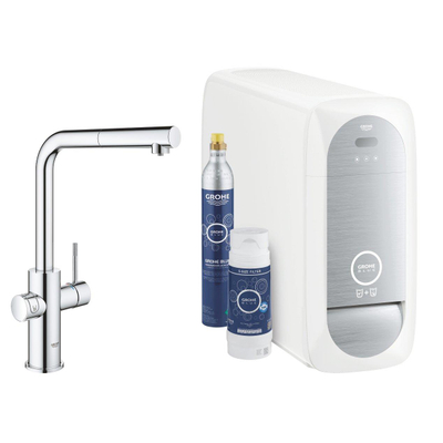 GROHE Blue Home Robinet de cuisine - bec en L extractible - monotrou - fonction de filtration - eau plate légère et pétillante - chrome