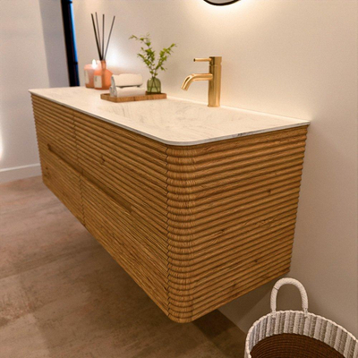 Mondiaz CIRO-DLUX Badkamermeubelset - 140x45x50cm - Solid surface wastafel Opalo - 1 wasbak Rechts - 1 kraangat - 4 lades - Oak