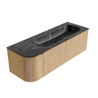 MONDIAZ KURVE-DLUX 135cm badmeubel met module 25 L kleur Oak met 1 lade en 1 deur. Wastafel BIG MEDIUM rechts 1 kraangat kleur Lava.