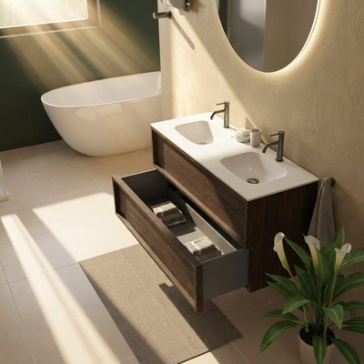 Saniclass Holz Frame Ensemble de meubles de salle de bains - 120x45x61.5cm - lavabo Flow en solid surface blanc - 2 vasques - 2 trous de robinet - 2 tiroirs - chêne charcoal mat (bois)