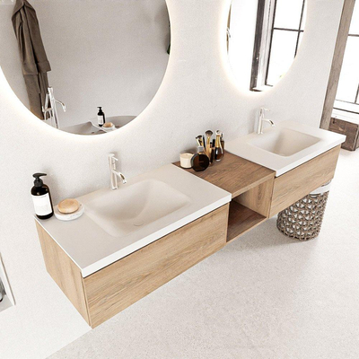 MONDIAZ BUKLA 200cm ensemble de meuble avec module ouvert 40 couleur Chêne blanchi avec 2 tiroirs. Lavabo CLOUD double 2 trous de robinet couleur Talc.