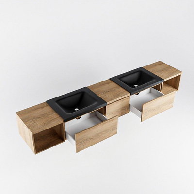 MONDIAZ BUKLA 240cm ensemble de meuble avec module ouvert 40 L+R couleur Chêne blanchi avec 3 tiroirs. Lavabo CLOUD double 0 trou de robinet couleur Urbain.