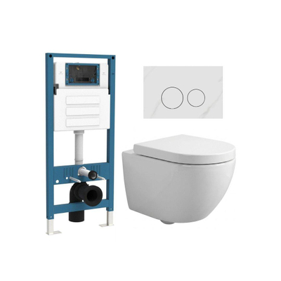 QeramiQ Dely Swirl Compact Ensemble WC - réservoir encastré QeramiQ flush - abattant 25 mm - plaque de commande en marbre blanc - boutons ronds - blanc brillant
