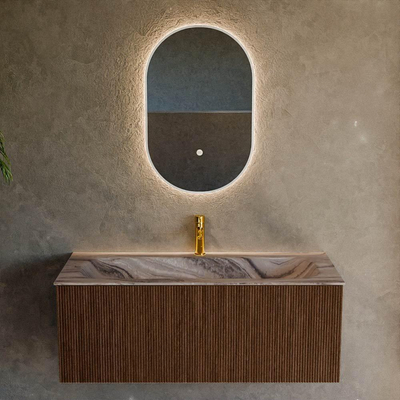 MONDIAZ KURVE-DLUX 110cm badmeubel kleur Walnut met 1 lade en 0 deuren. Wastafel BIG MEDIUM Midden 1 kraangat Sombra.