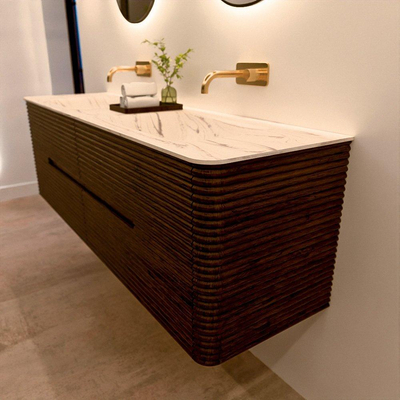 Mondiaz CIRO-DLUX Badkamermeubelset - 160x45x50cm - Solid surface wastafel Nata - 2 wasbak Dubbel - zonder kraangaten - 4 lades - Walnut