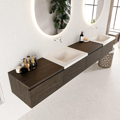 Mondiaz BUKLA badkamermeubelset 240x45x34cm 0 kraangaten 2 wasbakken solid surface Talc greeploos 4 lades met softclose Melamine Dark brown