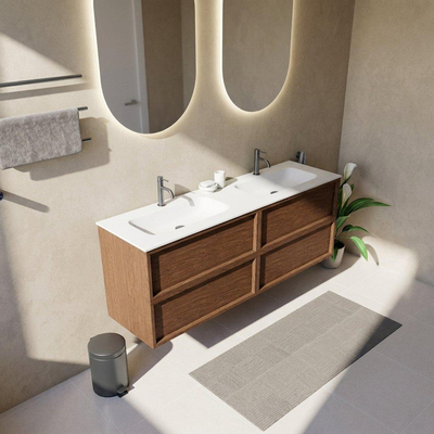 Saniclass Holz Frame Ensemble meuble de salle de bains - 160x45x61.5cm - Flow lavabo en solid surface blanc - 2 vasques - 2 trous de robinet - 4 tiroirs - mat walnut pure (bois)