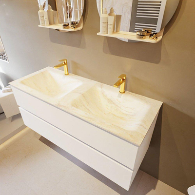 Mondiaz VICA-DLUX Ensemble de meuble de salle de bain - 120cm - meuble sous-vasque talc - 2 tiroirs - lavabo encastré cloud double - 2 trous de robinet - version haute de 60cm - ostra