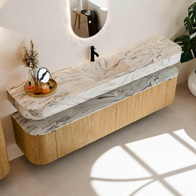 MONDIAZ THOR-DLUX 200cm meuble de salle de bains arrondi gauche + droite couleur Oak avec 2 tiroirs et 2 portes. Vasque suspendue CLOUD Milieu 1 trou de robinet couleur Glace.