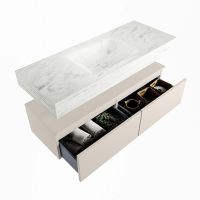 Mondiaz ALAN-DLUX Ensemble de meuble - 120cm - meuble Linen mat - 2 tiroirs - Lavabo Cloud Opalo suspendu - vasque Centre - 0 trous de robinet