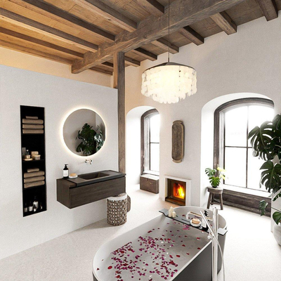 Ensemble de meuble de salle de bain Mondiaz BUKLA 100x45x34cm 0 trous de robinet lavabo au centre solid surface Urban sans poignée 1 tiroir avec fermeture douce Mélamine Marron foncé