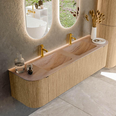 MONDIAZ KURVE-DLUX 170cm badmeubel ronding Links + Rechts kleur Oak met 1 lade en 2 deuren. Wastafel LEAF Dubbel 2 kraangaten Saba.