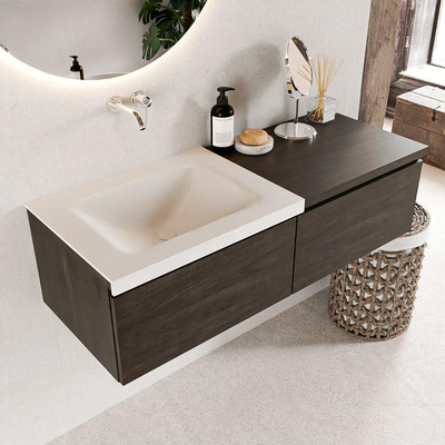 MONDIAZ BUKLA 120cm badmeubel met module 60 kleur Dark Brown met 2 lades. Wastafel CLOUD links 0 kraangaten kleur Talc.