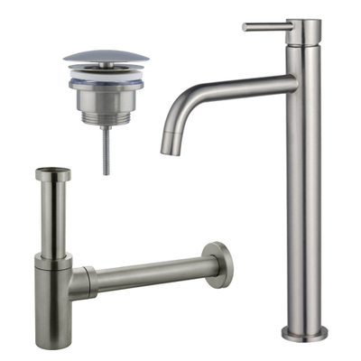 FugaFlow Eccelente Sobrado Badkamer Slim Wastafelkraanset - verhoogde wastafelkraan - always open plug - design sifon - PVD Geborsteld RVS