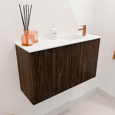 Mondiaz JOYA 70cm toiletmeubel - kleur Walnut - Wastafel FAYE positie Rechts 1 kraangat kleur Talc.