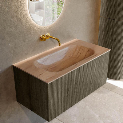 MONDIAZ KURVE-DLUX Meuble de salle de bains 90 cm couleur Shadow avec 1 tiroir et 0 porte. Plan-vasque BIG SMALL Central sans trou de robinet Saba.