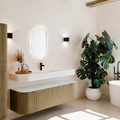 MONDIAZ THOR 150cm meuble de salle de bains arrondi gauche + droite couleur Dusk avec 1 tiroir et 2 portes. Vasque suspendue CLOUD Milieu 1 trou de robinet couleur Talc.