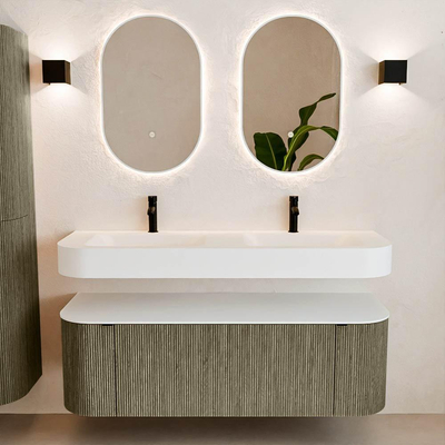 MONDIAZ THOR 140cm meuble de salle de bains arrondi gauche + droite couleur Shadow avec 1 tiroir et 2 portes. Vasque suspendue CLOUD Double 2 trous de robinet couleur Talc.