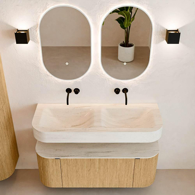MONDIAZ THOR-DLUX 120cm badmeubel ronding links + rechts kleur Oak met 1 lade en 2 deuren. Vrijhangende wastafel CLOUD Dubbel zonder kraangat kleur Meli.