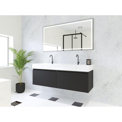 HR badmeubelen Matrix 3D ensemble de meubles de salle de bains 140cm 2 tiroirs sans poignées avec profil de préhension en couleur Noir mat avec lavabo kube 2 trous de robinet blanc