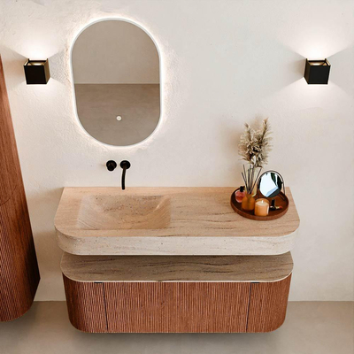 MONDIAZ THOR-DLUX 130cm meuble de salle de bains arrondi gauche + droite couleur Ruby avec 1 tiroir et 2 portes. Vasque suspendue CLOUD Gauche sans trou de robinet couleur Saba.