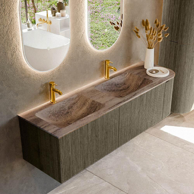MONDIAZ KURVE-DLUX Meuble de salle de bains 155cm arrondi à droite couleur Shadow avec 2 tiroirs et 1 porte. Lavabo LEAF Double / Gauche 2 trous de robinet Oza.