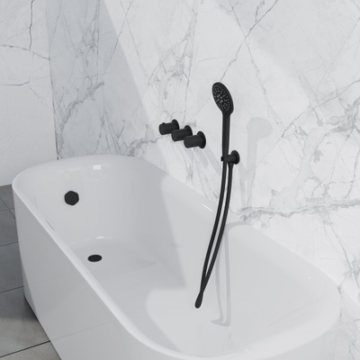 Fortifura Nebbio Ensemble combiné bain - mitigeur thermostatique - coude mural avec support de douchette - flexible de douche métallique - douchette ronde - Remplissage-vidage de baignoire - noir mat