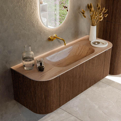 MONDIAZ KURVE-DLUX 130cm badmeubel ronding Links + Rechts kleur Walnut met 1 lade en 2 deuren. Wastafel BIG SMALL Midden zonder kraangat Saba.