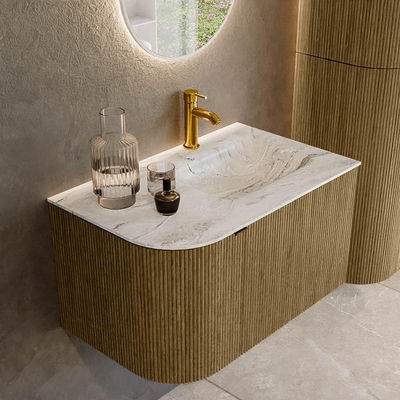 Mondiaz KURVE-DLUX Badkamermeubelset - 75x46x40cm - 1 lade - 1 deur - wastafel solid surface - rechts - 1 kraangat - Dusk