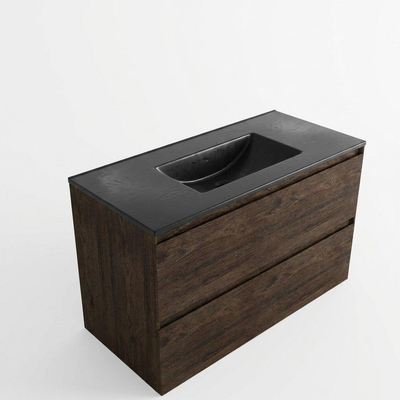 Saniclass Holz Pure Ensemble de meubles de salle de bains - 100x45x62cm - Lavabo Vygo en céramique noir - 1 vasque - sans trou de robinet - 2 tiroirs - chêne charcoal mat (bois)