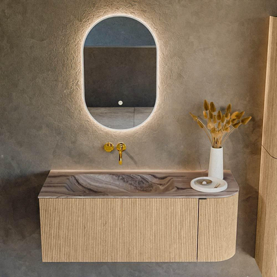 MONDIAZ KURVE-DLUX Meuble de salle de bains 115 cm arrondi à droite couleur Chêne avec 1 tiroir et 1 porte. Lavabo BIG SMALL à gauche sans trou de robinet Sombra.