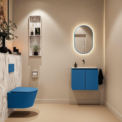 MONDIAZ TURE-DLUX Meuble toilette - 60cm - Jeans - EDEN - vasque Glace - position centrale - sans trou de robinet