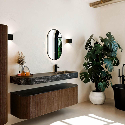 MONDIAZ THOR-DLUX 150cm meuble de salle de bains arrondi gauche + droite couleur Walnut avec 1 tiroir et 2 portes. Vasque suspendue CLOUD Droite 1 trou de robinet couleur Lava.