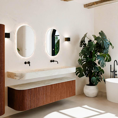 MONDIAZ THOR-DLUX 170cm meuble de salle de bains arrondi gauche + droite couleur Ruby avec 1 tiroir et 2 portes. Vasque suspendue CLOUD Double sans trou de robinet couleur Ostra.