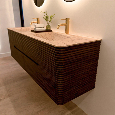 Mondiaz CIRO-DLUX Meuble de salle de bains complet - 160x45x50cm - Plan vasque Solid surface Arena - 2 vasques Double - 2 trous de robinetterie - 4 tiroirs - Noyer