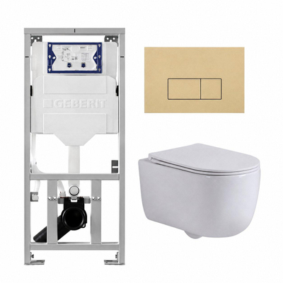 QeramiQ Dely Swirl Pack WC suspendu - 36.3x51.7cm - bâti-support Geberit UP320 - abattant slim - plaque de commande beige - boutons rectangulaires - blanc mat