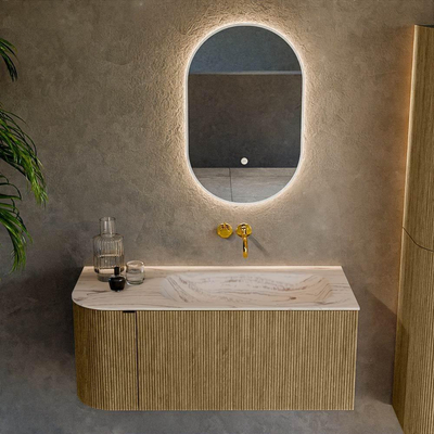 MONDIAZ KURVE-DLUX 105cm badmeubel ronding Links kleur Dusk met 1 lade en 1 deur. Wastafel BIG SMALL Rechts zonder kraangat Nata.