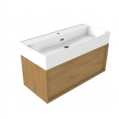 Saniclass Holz Frame Badkamermeubelset - 100x45x52cm - Legend keramische wastafel mat wit - 1 wasbak - 1 kraangat - 1 lade - mat eiken natural (hout)