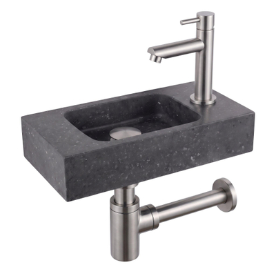 Fortifura Fuente pack lave-mains – rectangulaire – 40 x 22 x 9 cm – pierre naturelle noire – robinet inox