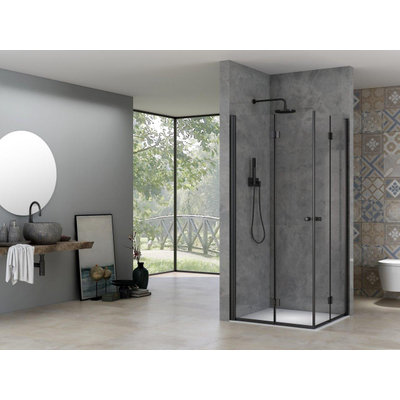 Van Rijn ST 02 Cabine pivotante pliante - verre clair - 90x90cm - ferrures noires - laiton brossé