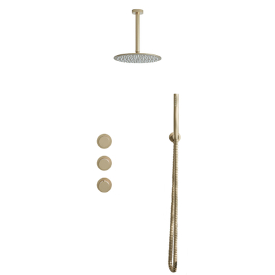 Fortifura Nebbio Regendoucheset - inbouwkraan - inbouwdeel - wandaansluitbocht- - doucheslang metaal - staafhanddouche - 20cm plafondarm - ronde hoofddouche - PVD - geborsteld messing (goud)