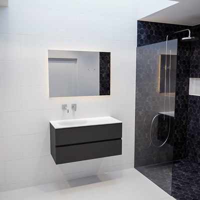 MONDIAZ VICA Ensemble de meuble salle de bain - 100cm - 2 tiroirs - lavabo Moon gauche - 0 trous de robinet - solid surface gris foncé