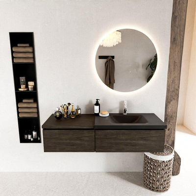 MONDIAZ BUKLA 140cm meuble de salle de bains avec module 60 couleur Dark Brown avec 2 tiroirs. Lavabo CLOUD à droite 1 trou de robinet couleur Urban.