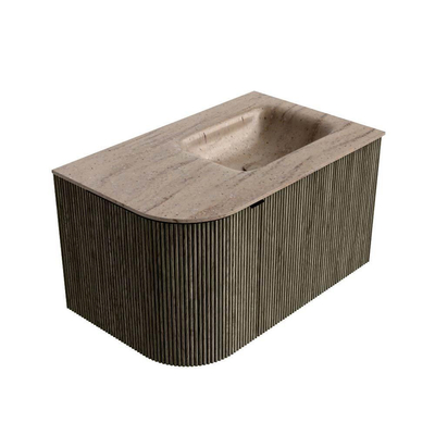 MONDIAZ KURVE-DLUX Meuble de salle de bains 75cm arrondi à gauche couleur Shadow avec 1 tiroir et 1 porte. Lavabo GRUNNE à droite sans trou de robinet Saba.