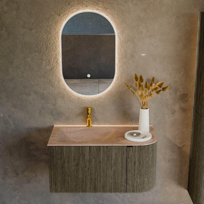 MONDIAZ KURVE-DLUX Meuble de salle de bains 85cm arrondi à droite couleur Shadow avec 1 tiroir et 1 porte. Lavabo CLOUD à gauche 1 trou de robinet Saba.