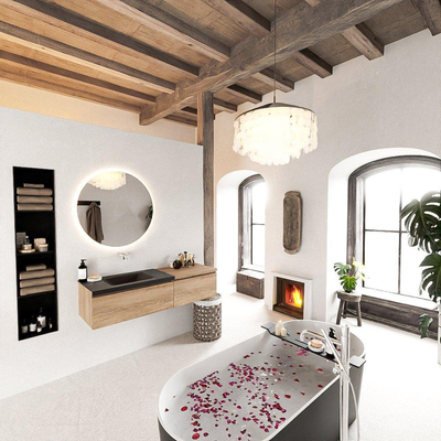 MONDIAZ BUKLA meuble de salle de bain 140 cm avec module 60 couleur Chêne blanchi avec 2 tiroirs. Lavabo CLOUD à gauche 0 trous de robinet couleur Urbaine.