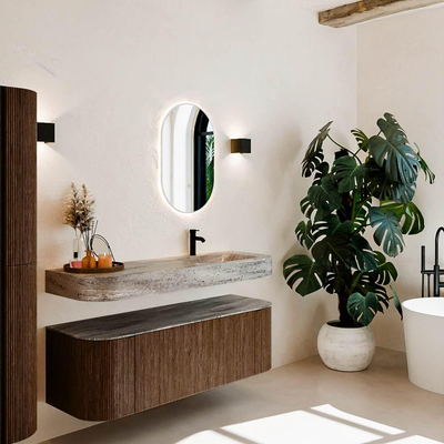 MONDIAZ THOR-DLUX Meuble de salle de bains 140cm arrondi gauche + droite couleur Walnut avec 1 tiroir et 2 portes. Vasque suspendue CLOUD Droite 1 trou de robinet couleur Oza.