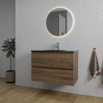 Saniclass Chaci Ensemble meuble de salle de bains - 80x46x55cm - lavabo céramique noir - 1 vasque - 1 trou de robinet - 2 tiroirs - miroir rond avec éclairage - noyer (bois)
