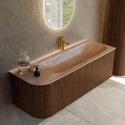 MONDIAZ KURVE-DLUX 125cm meuble de salle de bains arrondi gauche couleur Walnut avec 1 tiroir et 1 porte. Lavabo BIG MEDIUM droite 1 trou de robinet Saba.