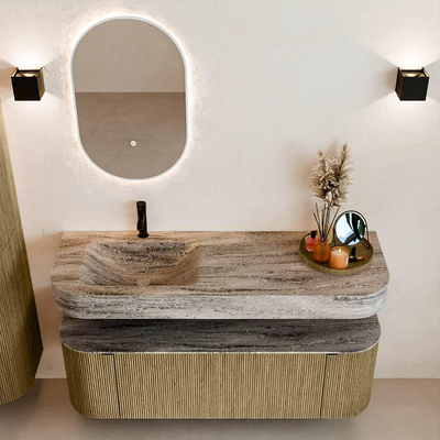 MONDIAZ THOR-DLUX 140cm meuble de salle de bains arrondi gauche + droite couleur Dusk avec 1 tiroir et 2 portes. Vasque suspendue CLOUD gauche 1 trou de robinet couleur Oza.